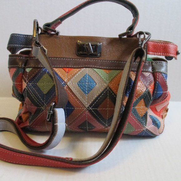 *Vera Pelle Color-Blocked 2-Way Satchel Shoulder Bag - Picture 2 of 9